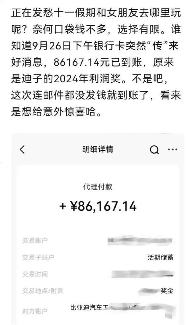 有员工卡里突然多了十余万 比亚迪：发放利润奖