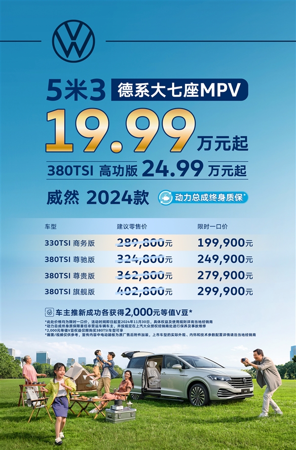 大众彻底不装了！大7座MPV威然直降超10万：限时19.99万起